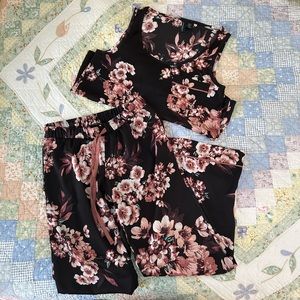black and pink silk floral pajama set